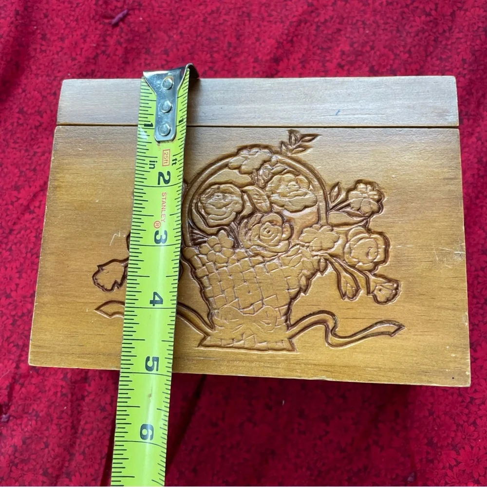 Wooden‎ Box with Floral Basket Carving Design 7x5x3.5 in